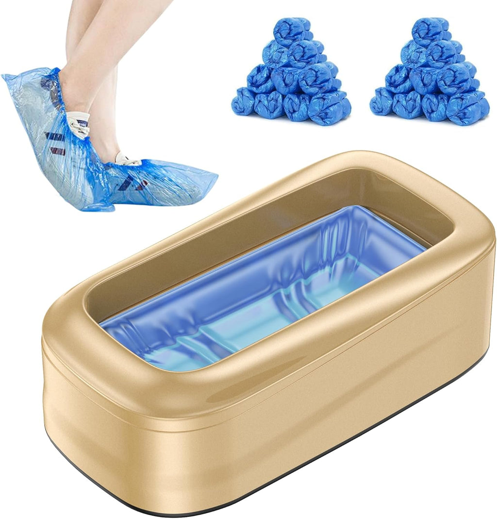 Upgraded Large Automatic Shoe Cover Dispenser, Waterproof & Non-Slip with 200 Disposable Covers, Fits Men¡¯s Shoes to Size 12, Heavy Duty for Home, Office, Factory, Indoor Use, Gold Decorative Design