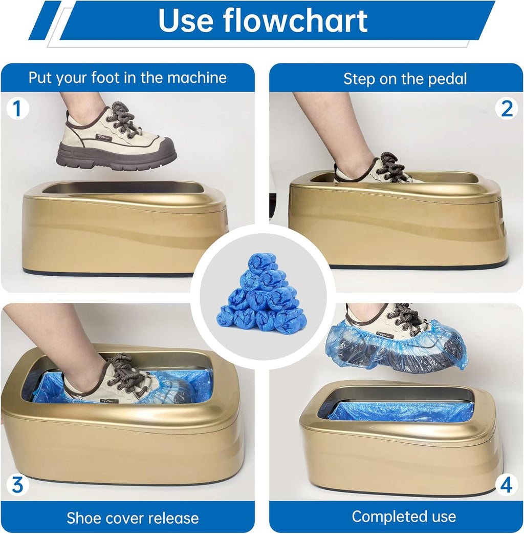 Upgraded Large Automatic Shoe Cover Dispenser, Waterproof & Non-Slip with 200 Disposable Covers, Fits Men¡¯s Shoes to Size 12, Heavy Duty for Home, Office, Factory, Indoor Use, Gold Decorative Design
